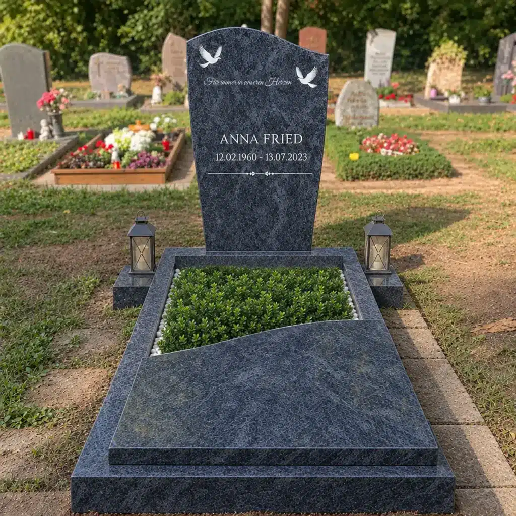 Einzelgrabstein Modell Lumen aus Orion Blue Granit auf dem Friedhof