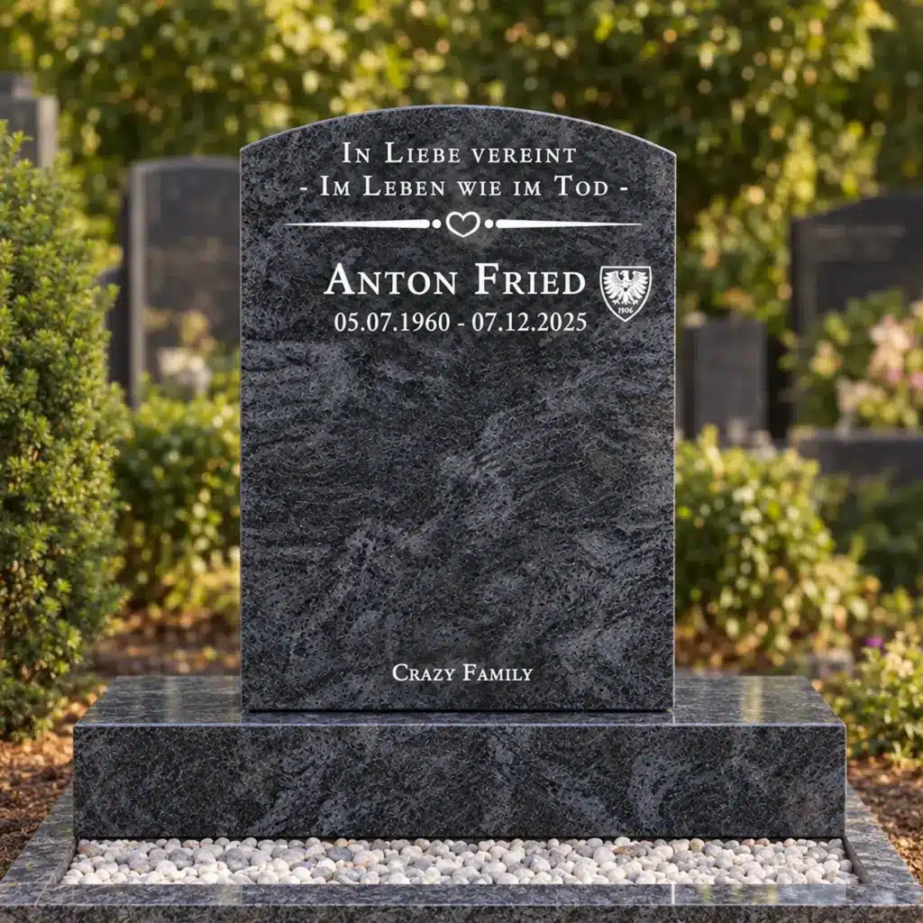 Urnengrabstein Modell Vela aus Orion Blue Granit auf dem Friedhof