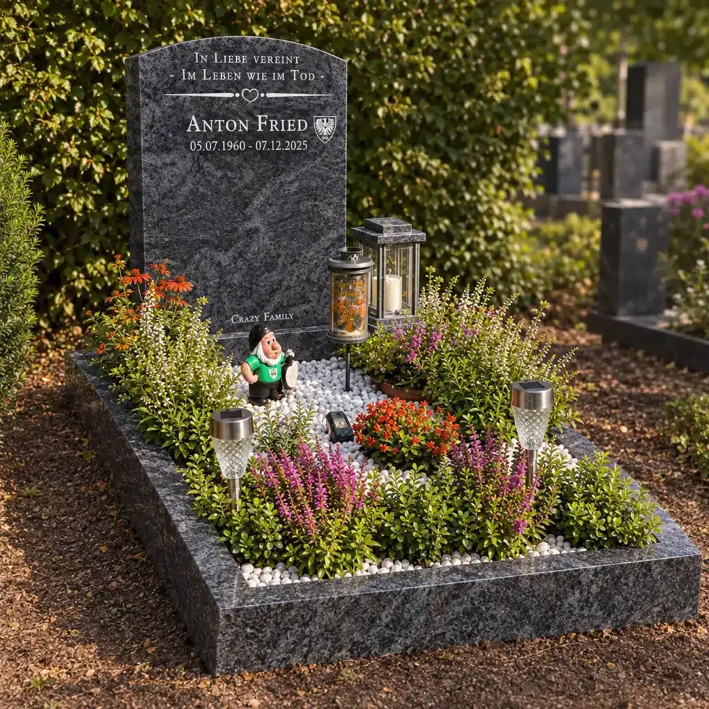 Urnengrabstein Modell Vela aus Orion Blue Granit auf dem Friedhof