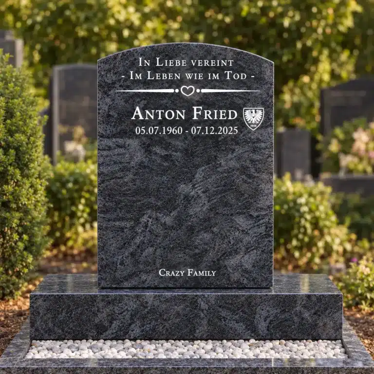 Urnengrabstein Modell Vela aus Orion Blue Granit auf dem Friedhof