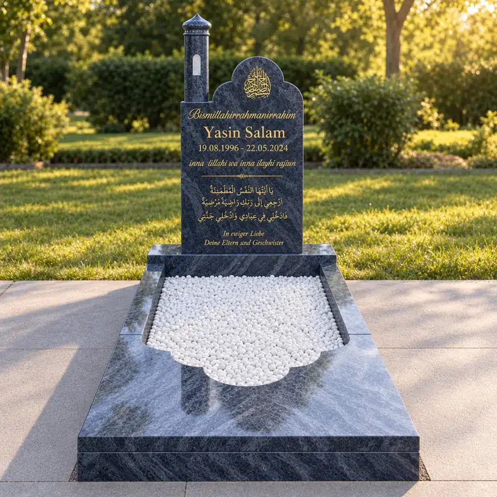 Einzelgrabstein Modell Minaratul-Fajr aus Orion Blue Granit auf dem Friedhof