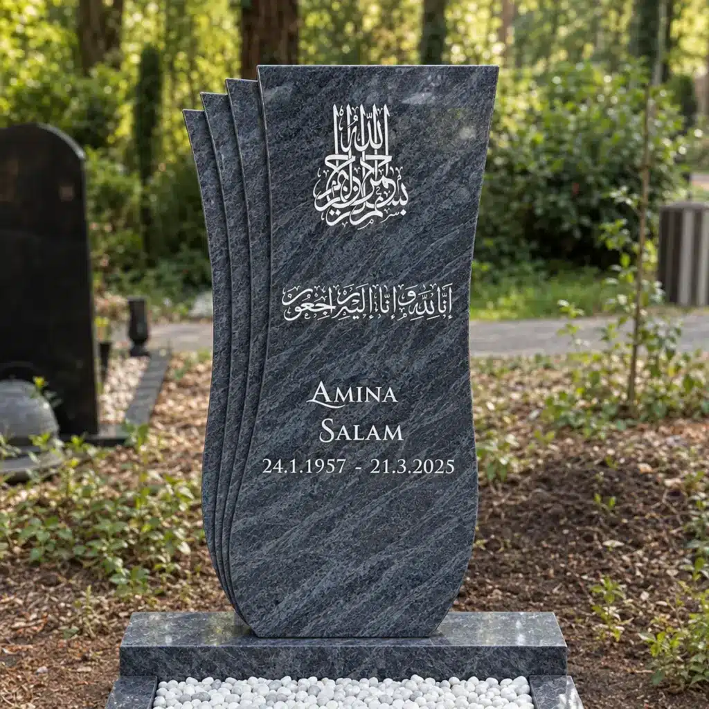 Einzelgrabstein Modell Flora aus Orion Blue Granit auf dem Friedhof
