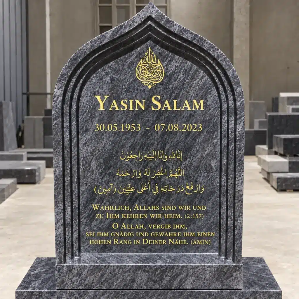 Einzelgrabstein Modell Al-Mihrab aus Orion Blue Granit in der Werkstatt
