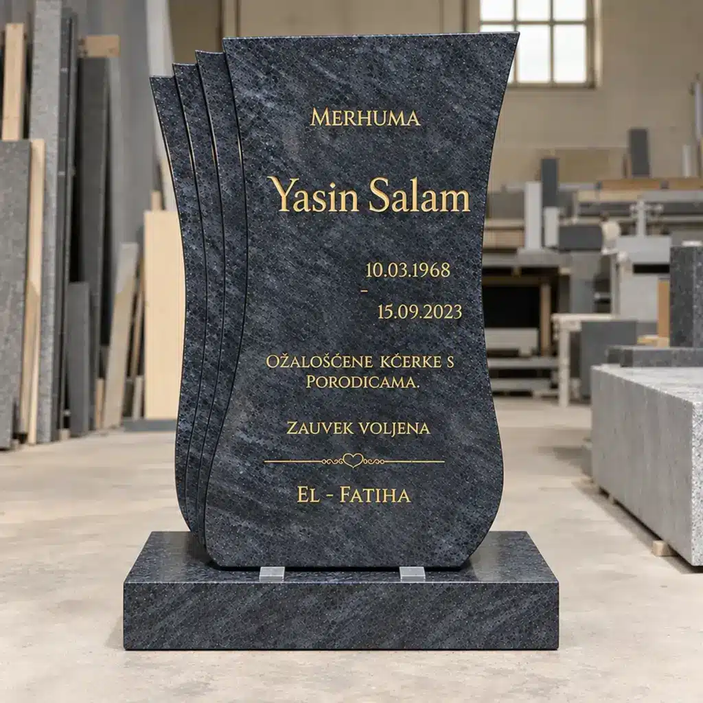 Einzelgrabstein Modell Flora aus Orion Blue Granit in der Werkstatt