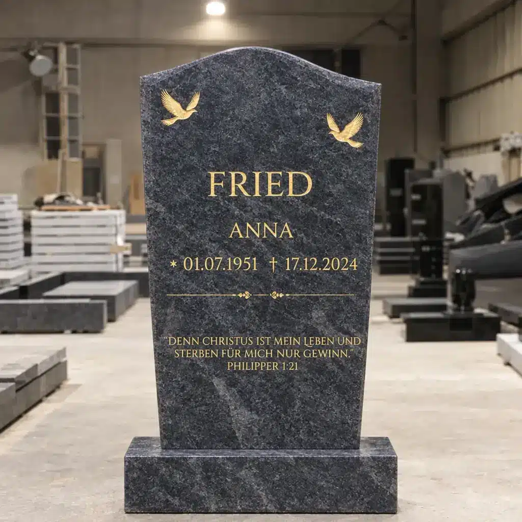 Einzelgrabstein Modell Lumen aus Orion Blue Granit in der Werkstatt