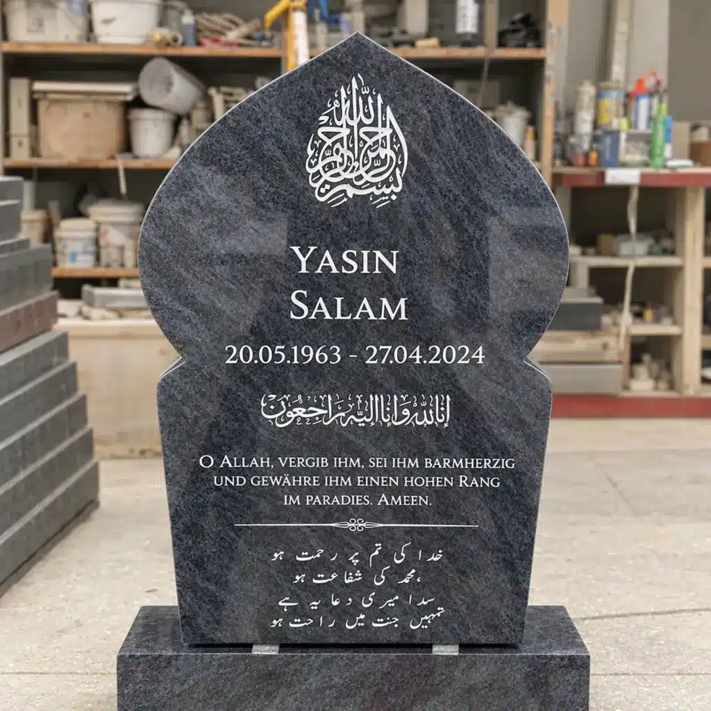 Einzelgrabstein Modell Noor aus Orion Blue Granit in der Werkstatt