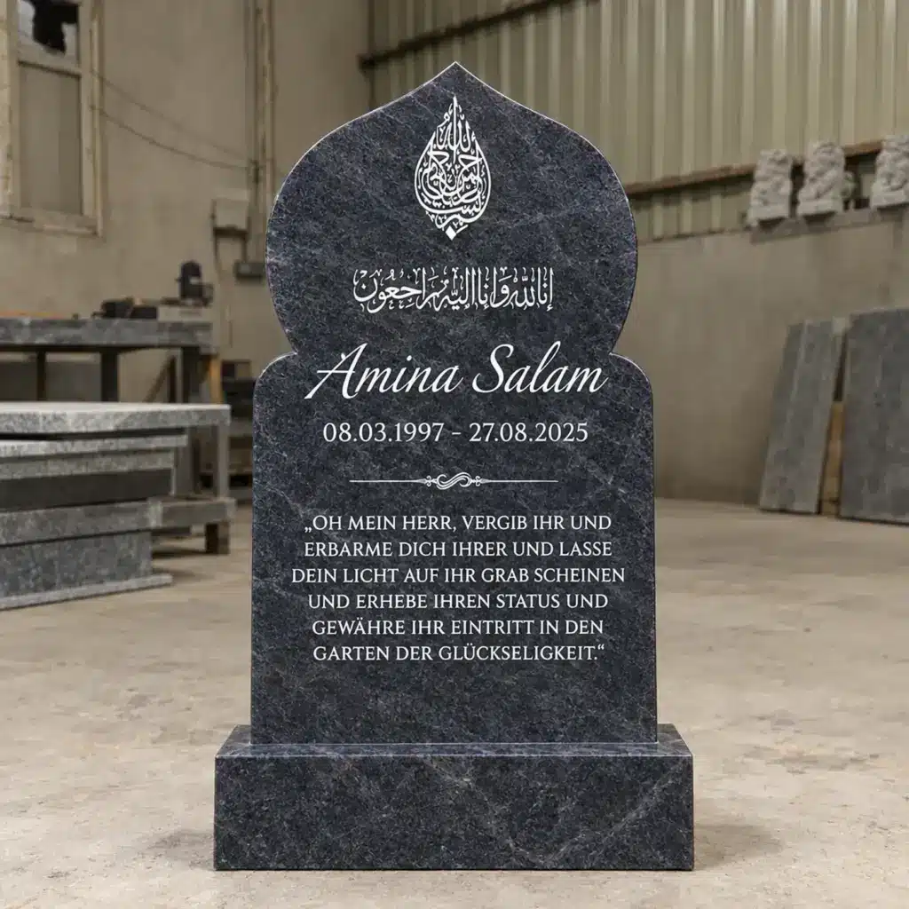 Einzelgrabstein Modell Zahra aus Orion Blue Granit in der Werkstatt