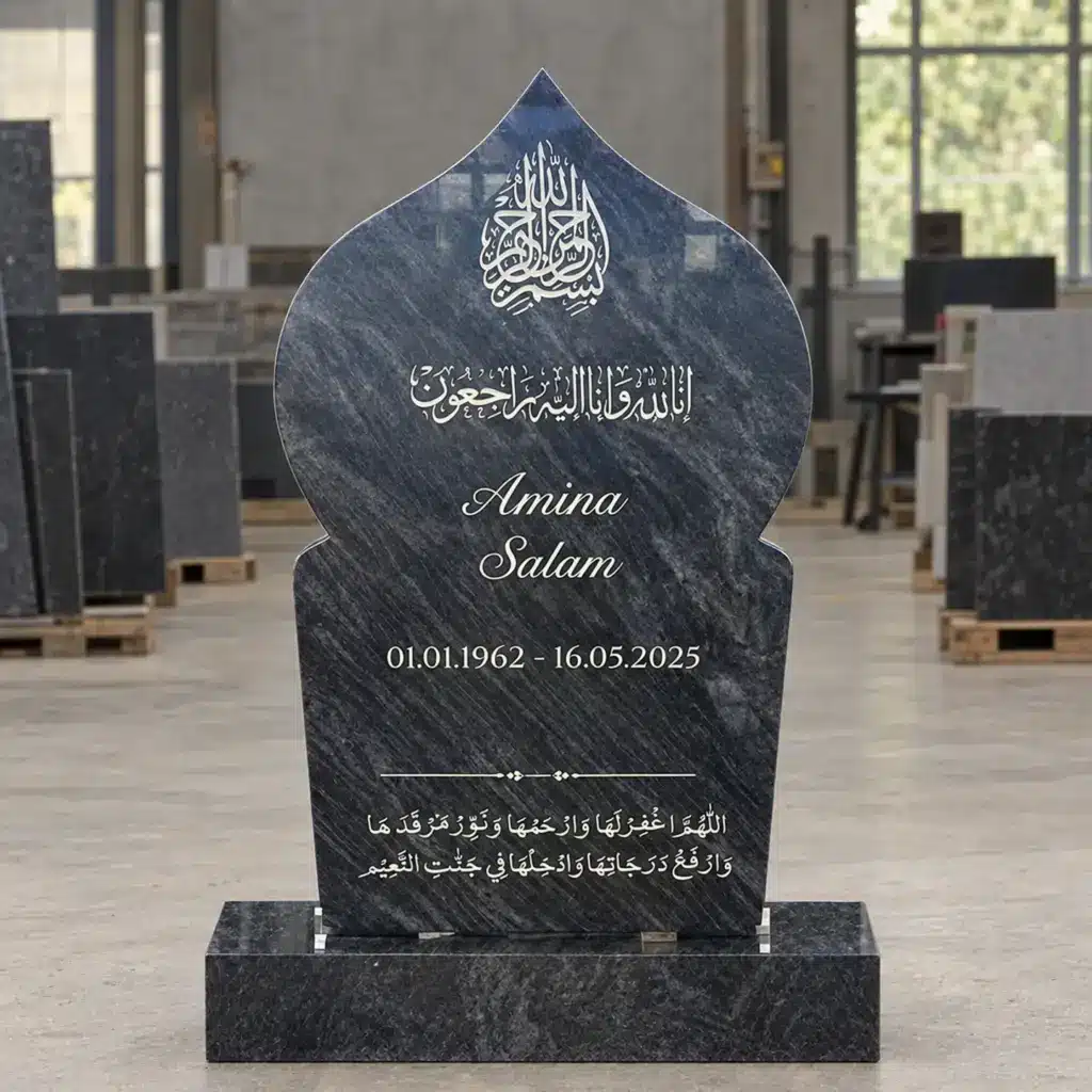 Einzelgrabstein Modell Zahra aus Orion Blue Granit in der Werkstatt