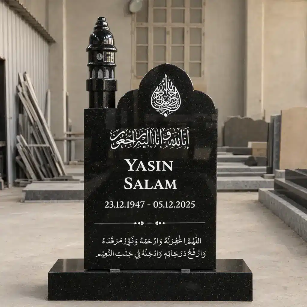 Einzelgrabstein Modell Minaratul-Siraj aus Star Galaxy Granit in der Werkstatt