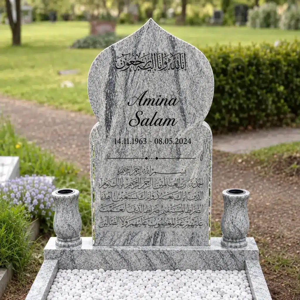 Einzelgrabstein Modell Zahra aus Viscount White Granit auf dem Friedhof