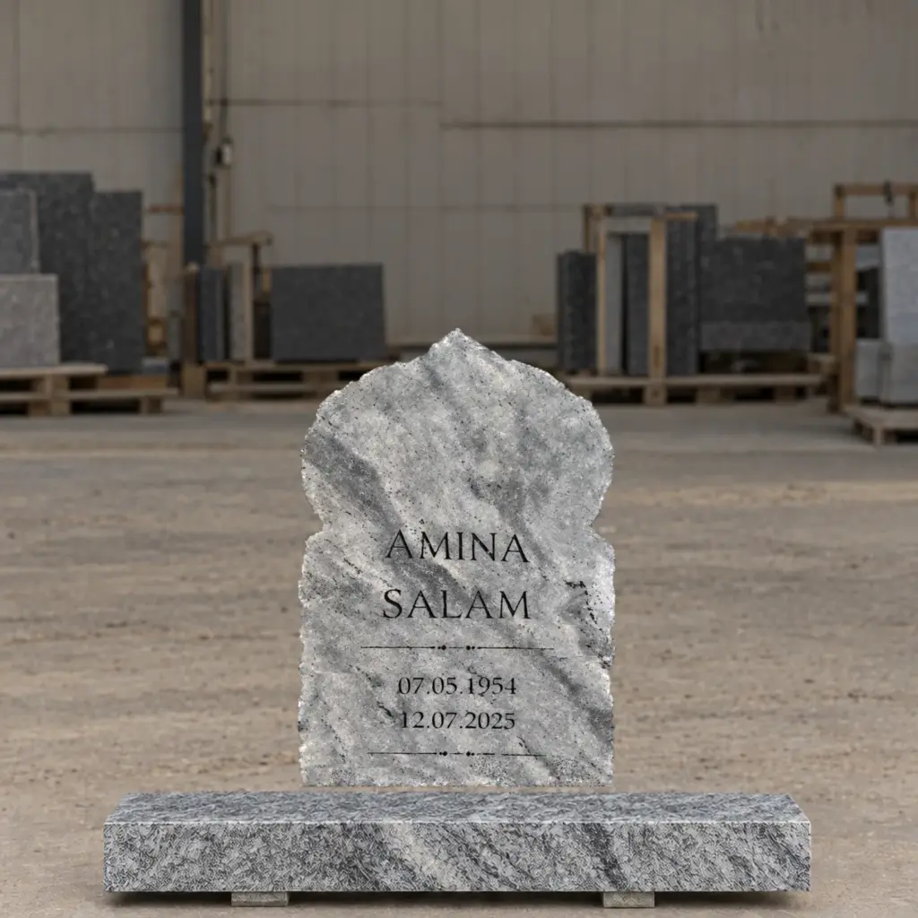 Einzelgrabstein Modell Zahra aus Viscount White Granit in der Werkstatt